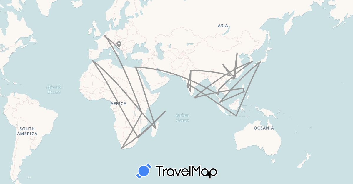 TravelMap itinerary: driving, plane in Belgium, China, Egypt, Croatia, Indonesia, India, Japan, South Korea, Sri Lanka, Morocco, Madagascar, Malaysia, Mozambique, Philippines, Seychelles, Thailand, Tanzania, South Africa (Africa, Asia, Europe)